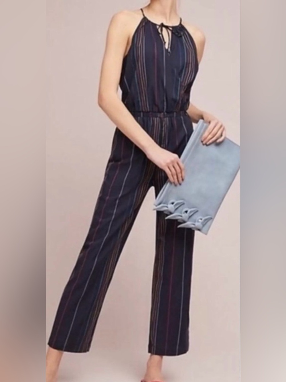 dolan Anthropology Black Halter Jumpsuit with Multicolor Pinstripes